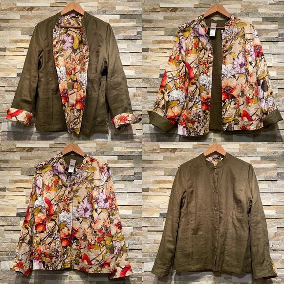 Chico’s Reversible Linen Jacket | 1 M, Fall Floral & Olive Green Capsule Piece - Picture 1 of 11
